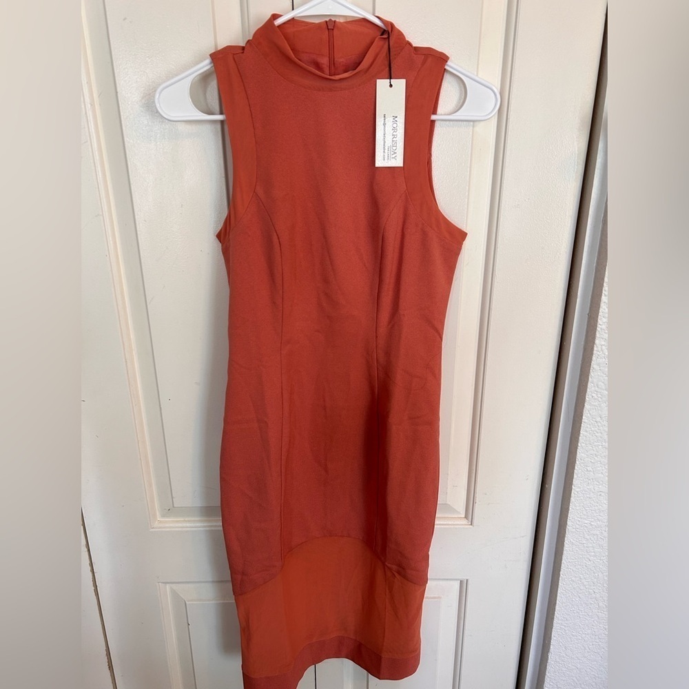 Morrisday The Label Women Dress Rose/Coral Pink With Sheer Trim-Size 6 New
